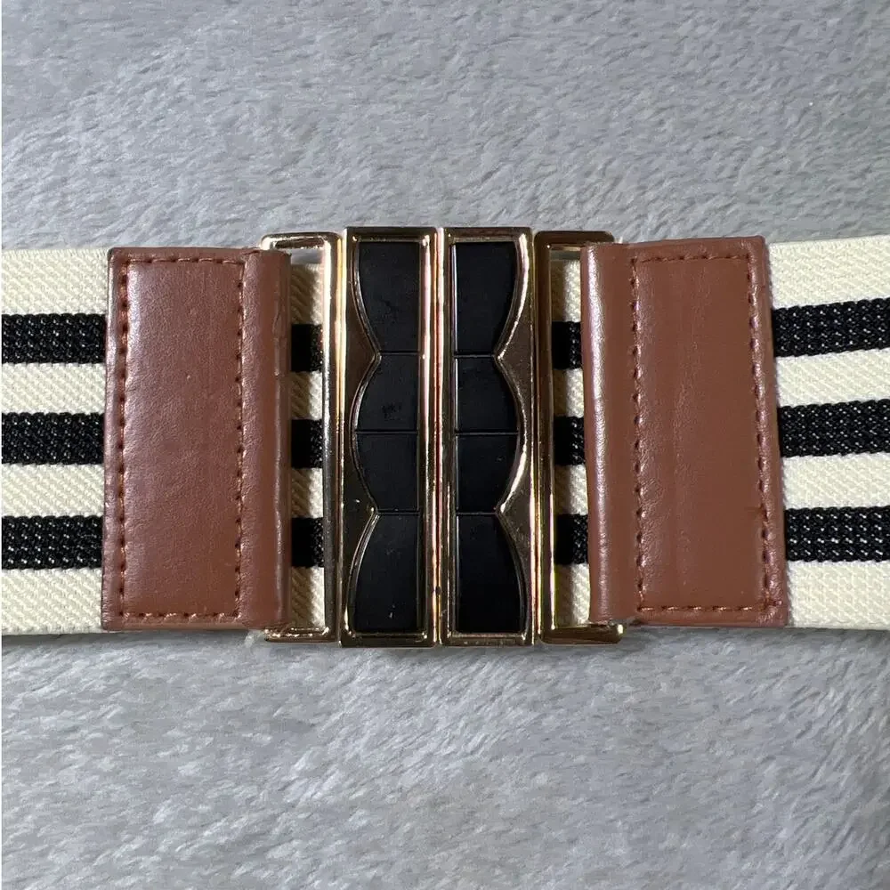 Coastal Stretch Waist Cincher Belt Gold Buckle Striped Small Luxury Wedding